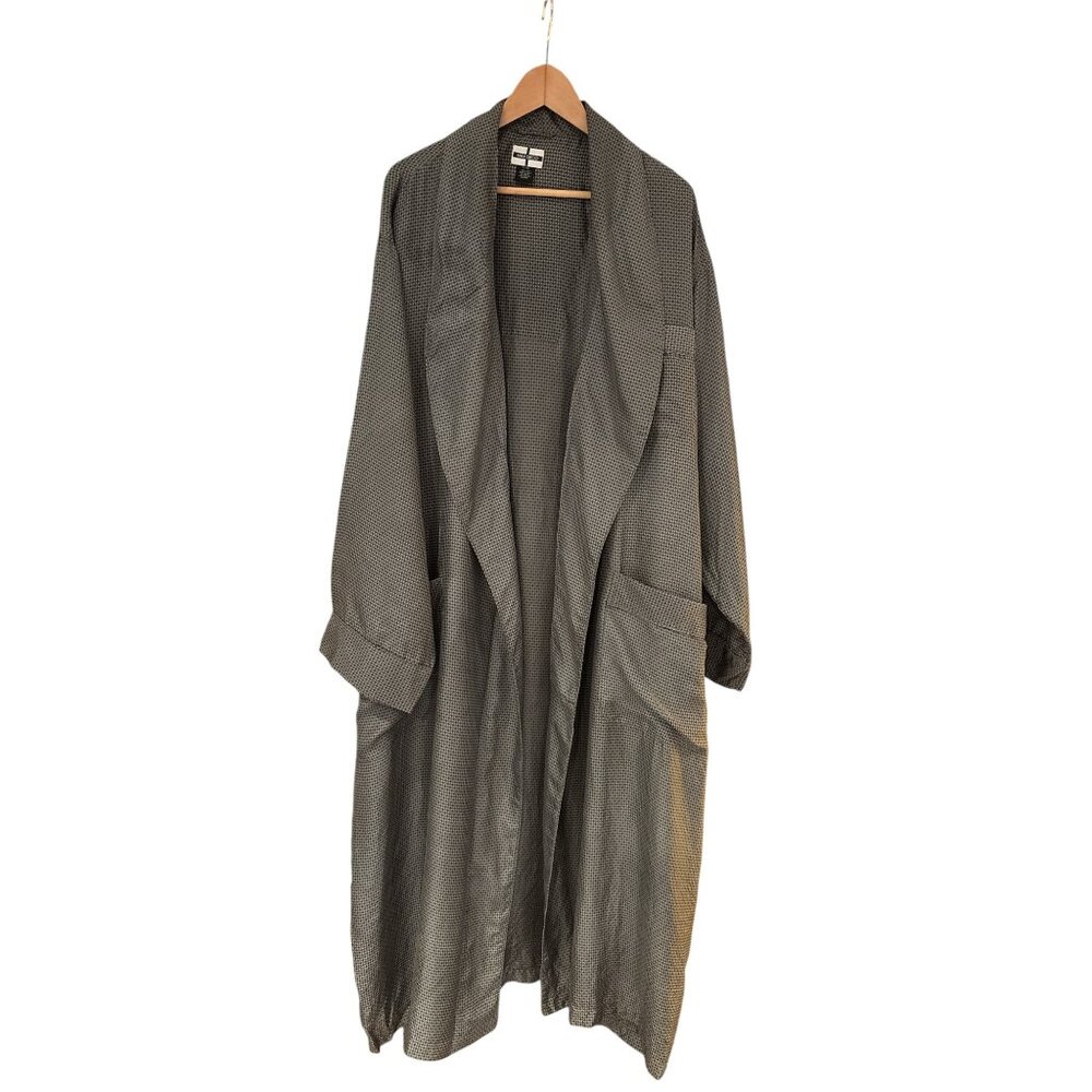 Max Deco 100% Silk Robe Kimono Jacket L/XL Gray Geometric Print Lounge Wear